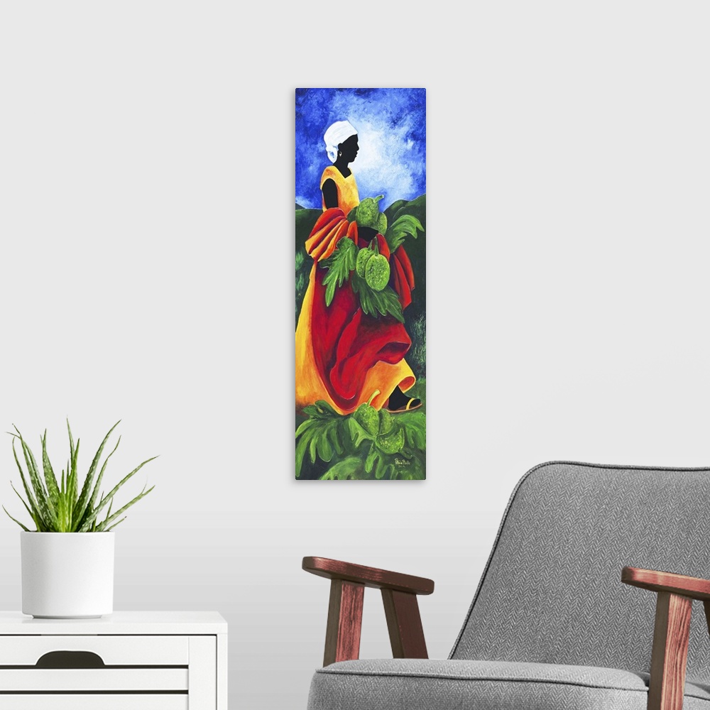 A modern room featuring Contemporary painting of a woman collecting breadfruit.