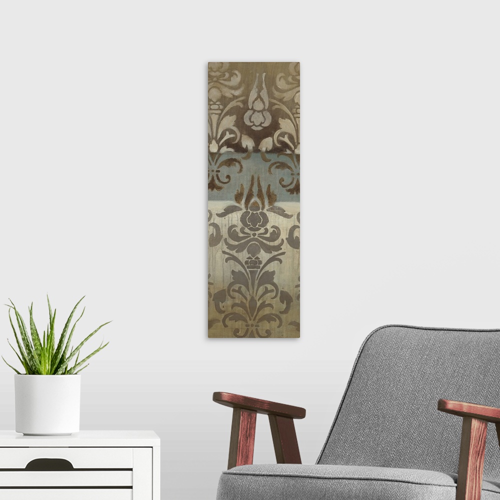 A modern room featuring A long vertical painting of damask inspired patterns in muted shades.