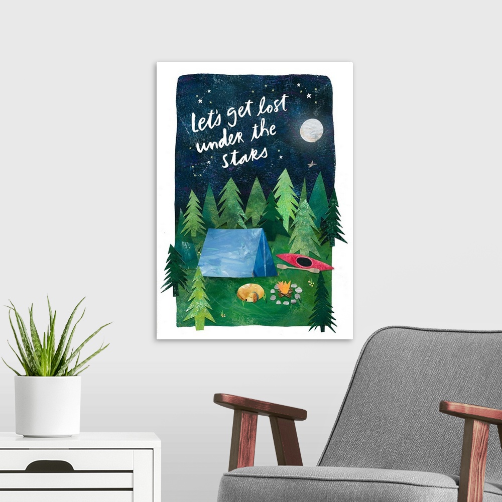 A modern room featuring Whimsical camping image depicts the magic of sleeping under the stars.