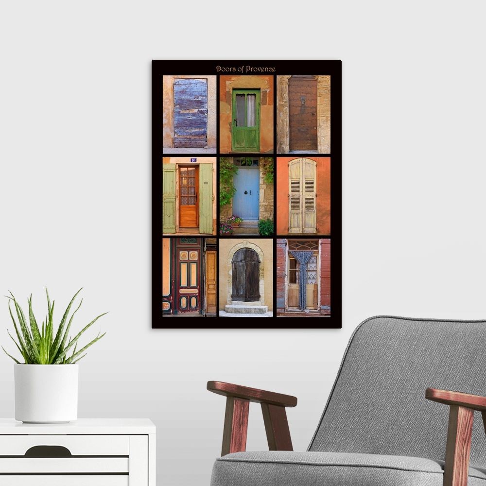 A modern room featuring Poster of doors shot throughout Provence, France.