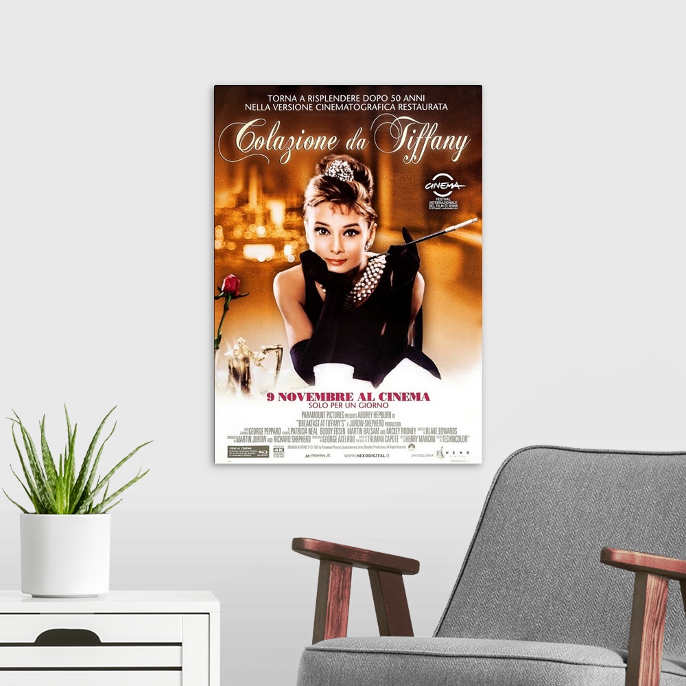 A modern room featuring BREAKFAST AT TIFFANY'S (aka COLAZIONE DA TIFFANY), Italian poster, Audrey Hepburn, 1961.