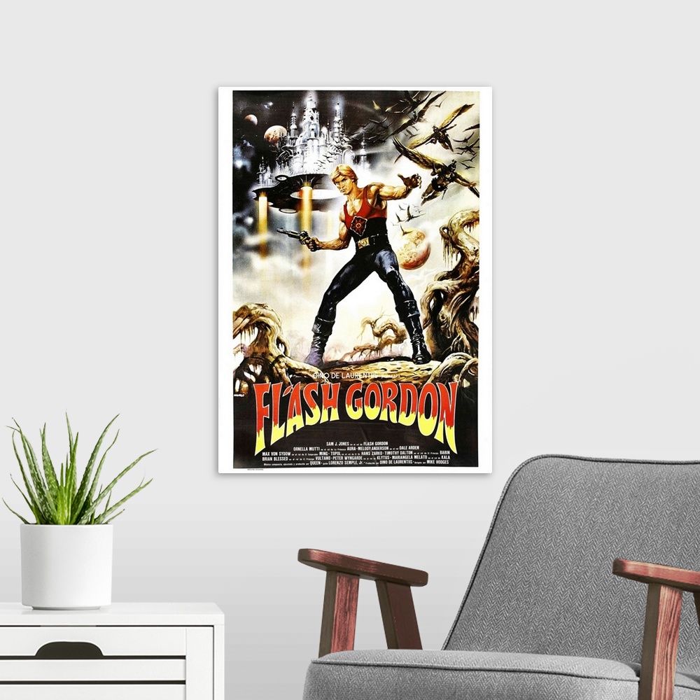 A modern room featuring Flash Gordon, Argentinan Poster, Sam J. Jones, 1980.