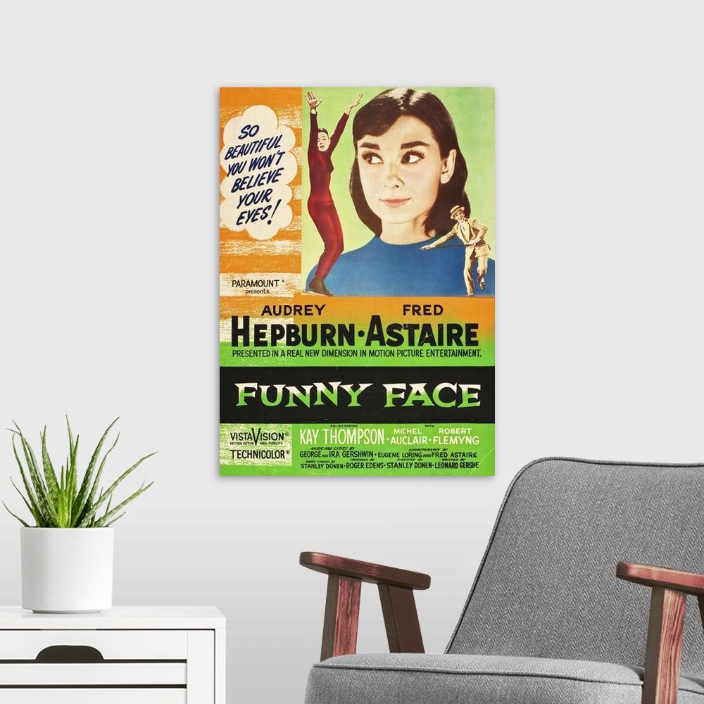A modern room featuring FUNNY FACE, l-r: Audrey Hepburn, Fred Astaire on US poster art, 1957.