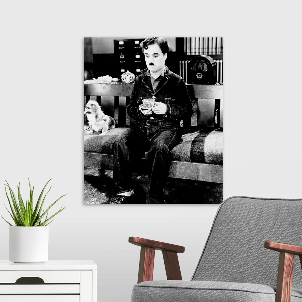 A modern room featuring MODERN TIMES, Charlie Chaplin, 1936.