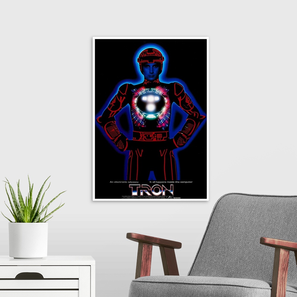 A modern room featuring TRON, US poster art, Bruce Boxleitner, 1982.