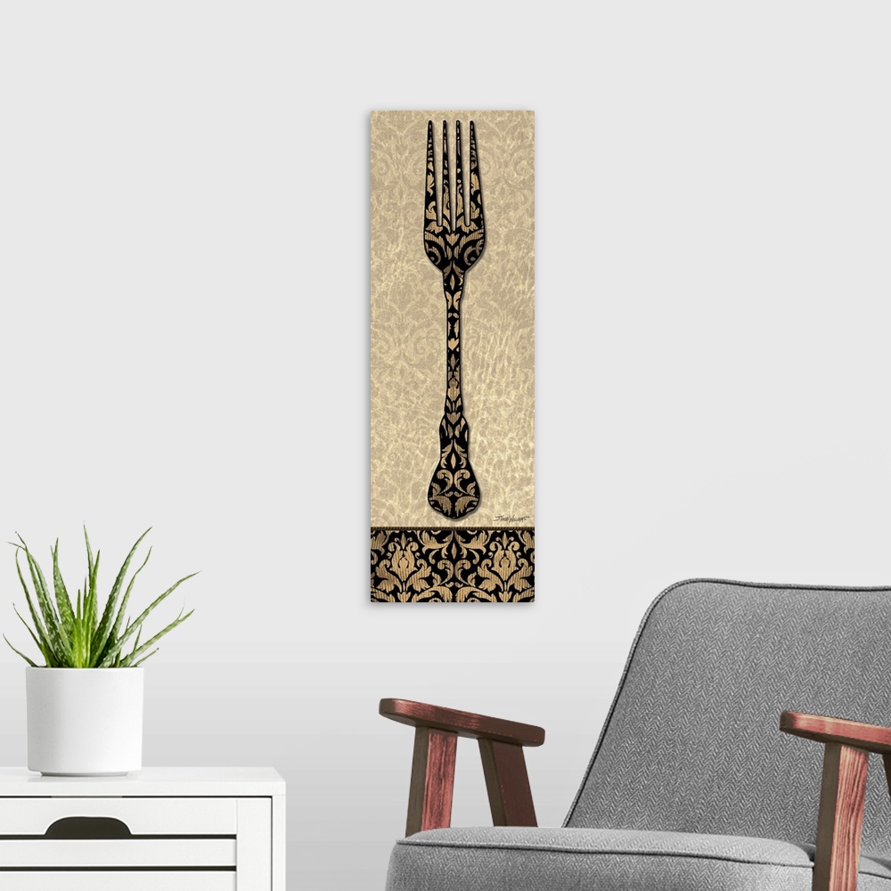 A modern room featuring Home decor in brown, black, and gold tones with an illustration of a fork with a paisley design.