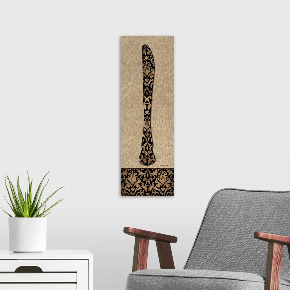 A modern room featuring Home decor in brown, black, and gold tones with an illustration of a knife with a paisley design.
