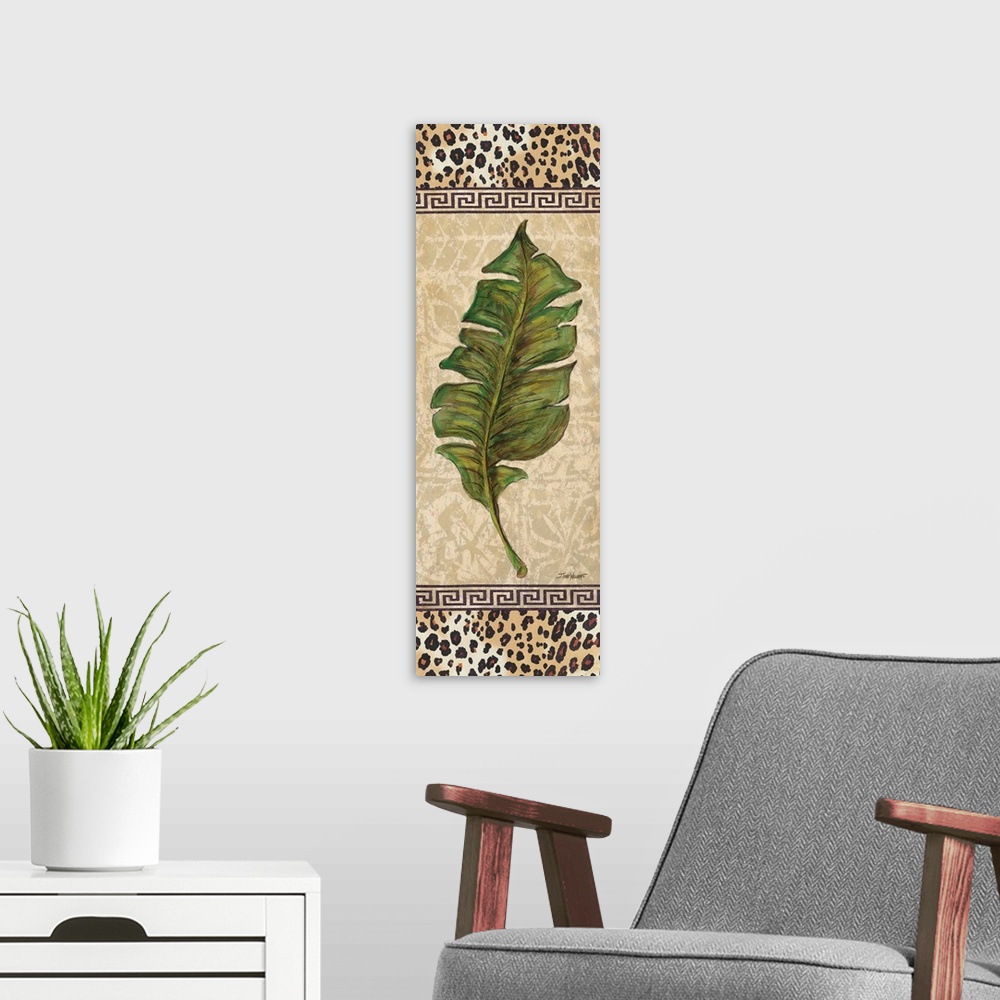 A modern room featuring Tropical decor with a palm leaf on a decorative tan background with cheetah print on the top and ...