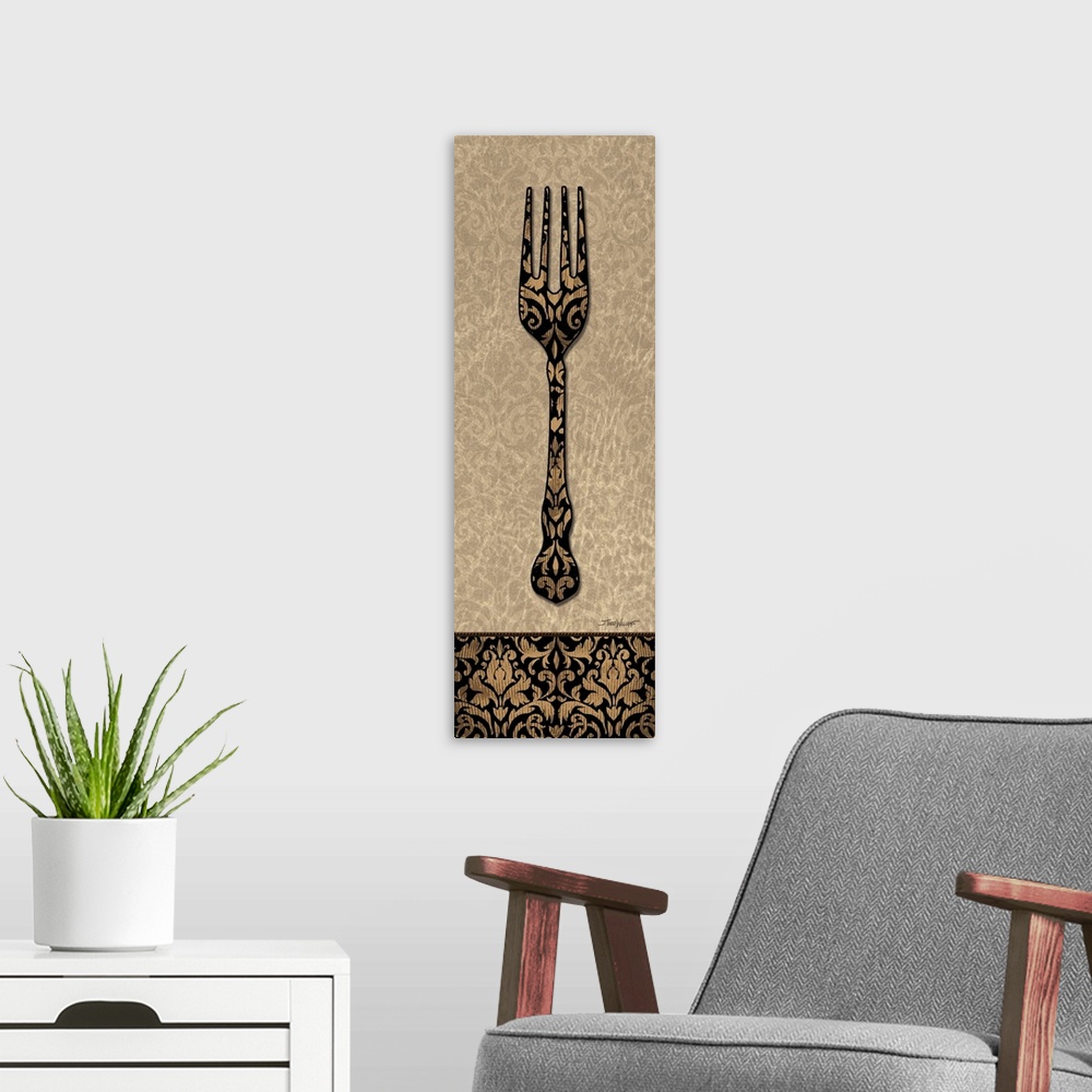 A modern room featuring Home decor in brown, black, and gold tones with an illustration of a salad fork with a paisley de...