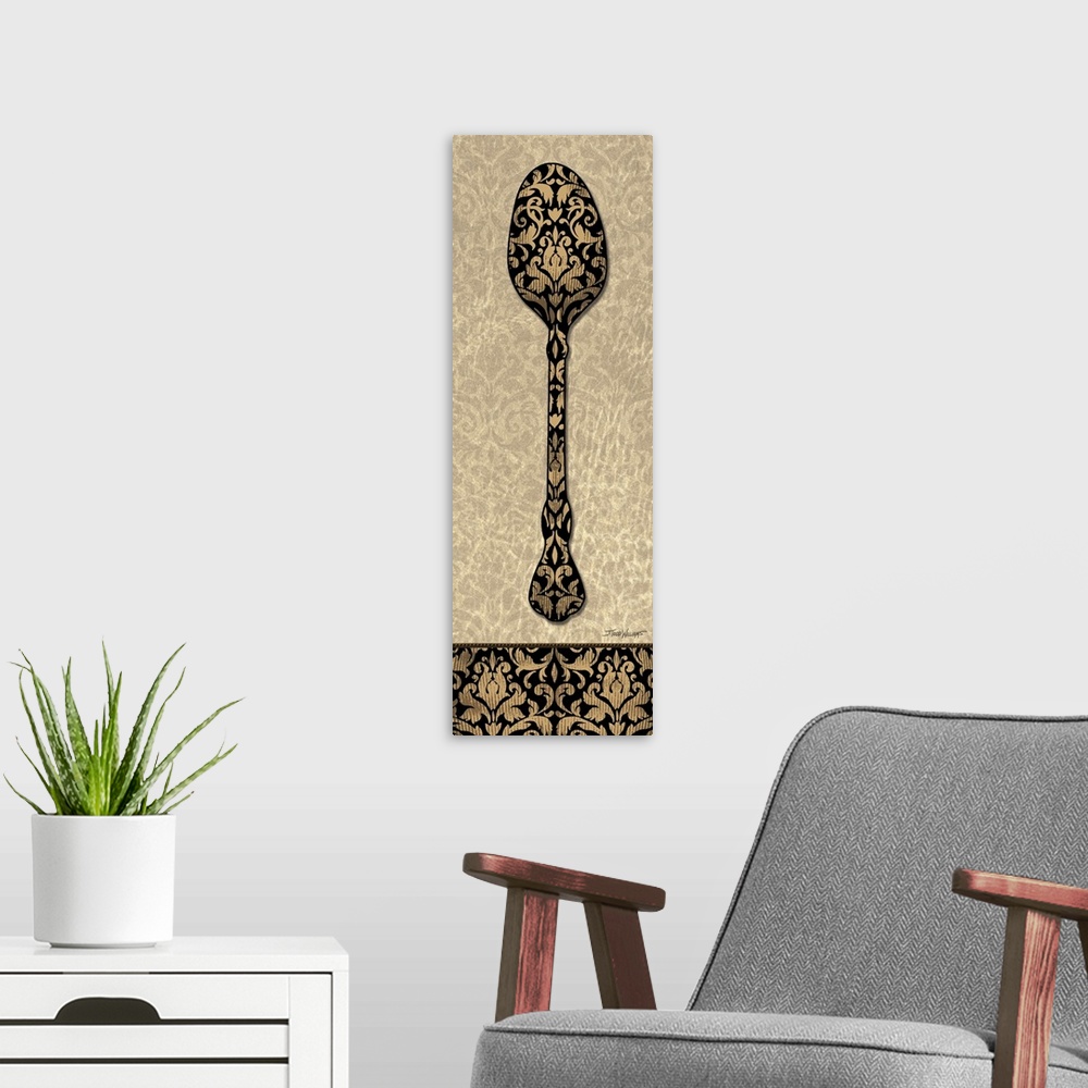 A modern room featuring Home decor in brown, black, and gold tones with an illustration of a spoon with a paisley design.