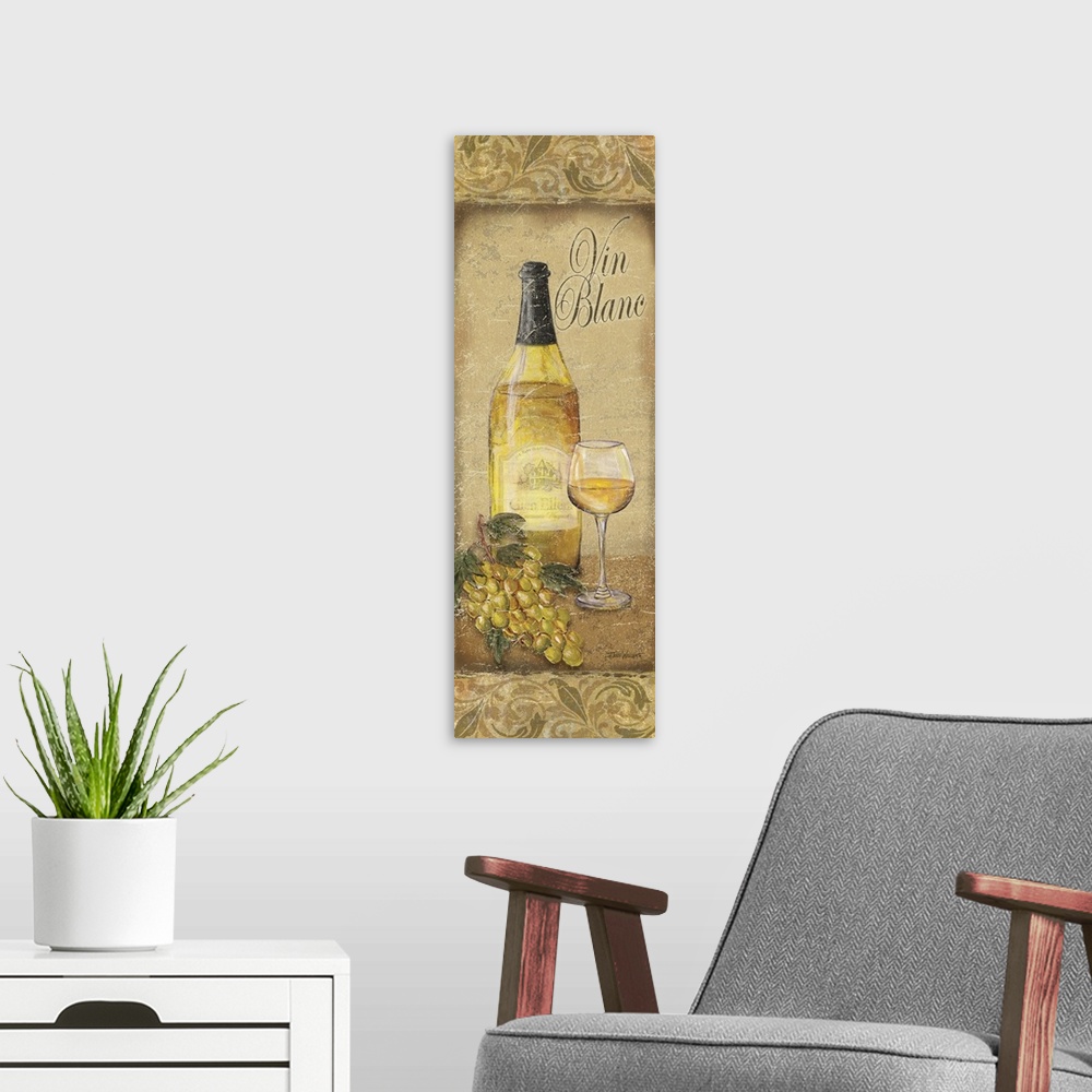 A modern room featuring Tall illustration of a wine bottle and a glass of white wine with grapes on the side on a tan bac...