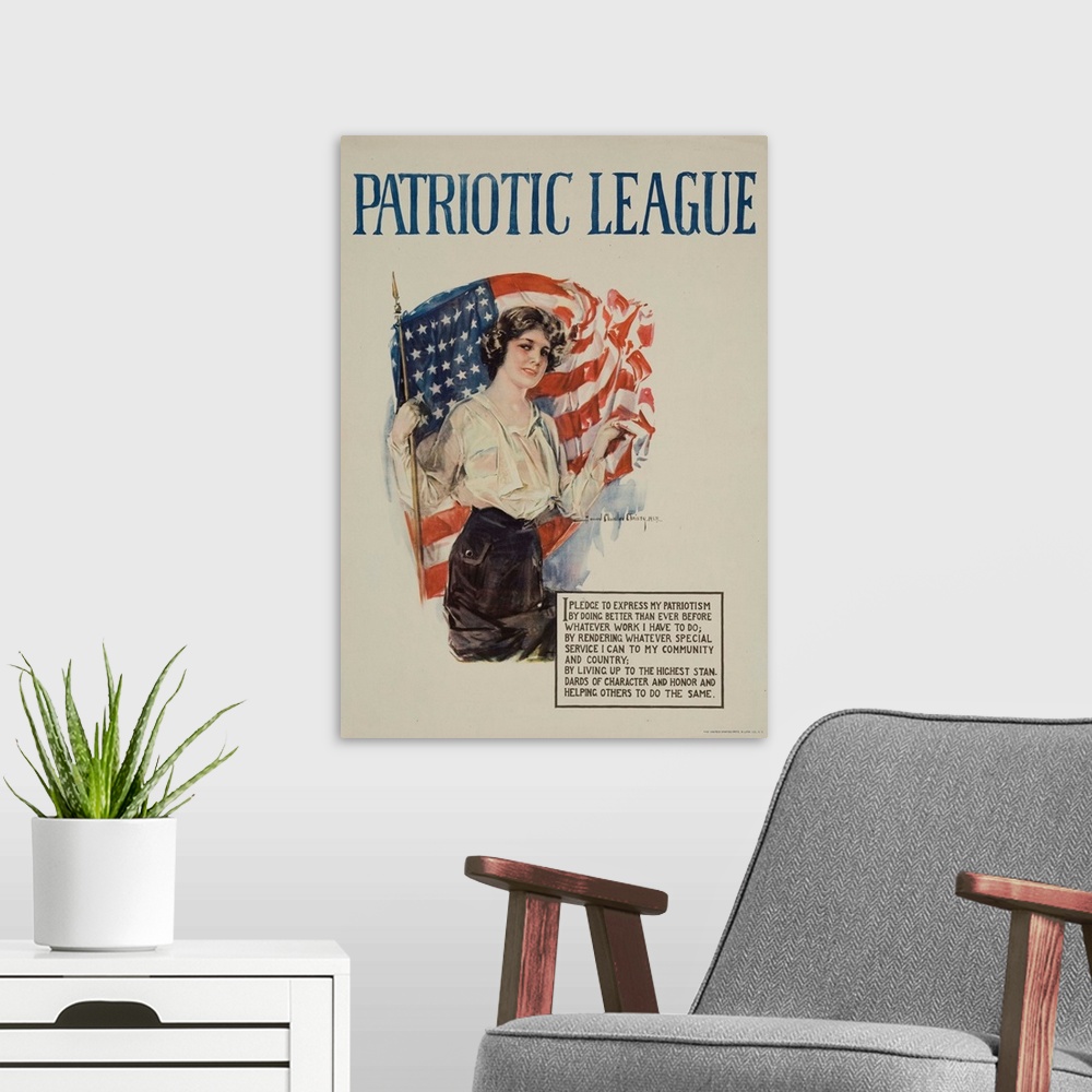 A modern room featuring World War I Patriotic League Poster. Illustrated by Howard Chandler Christy, 1918
