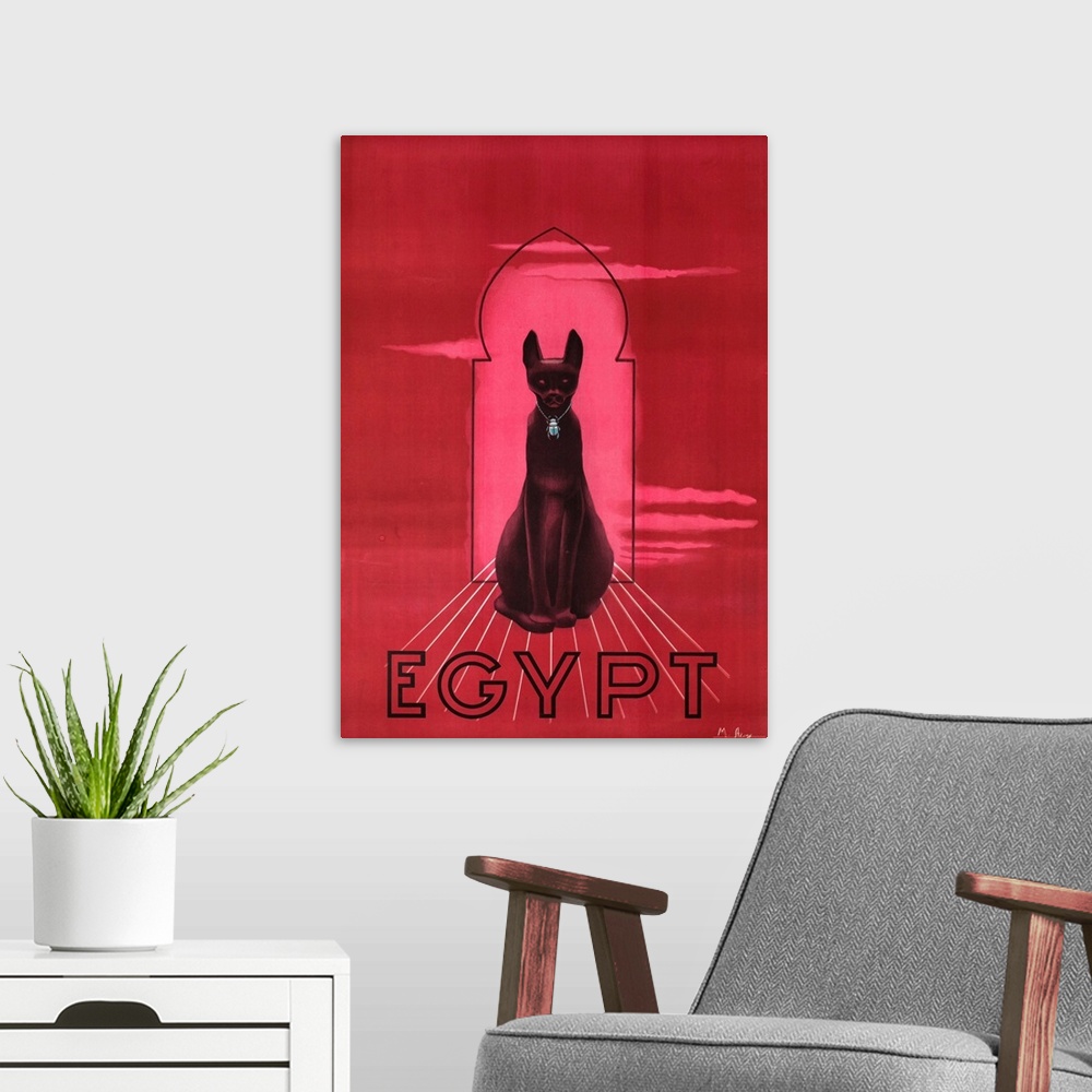 A modern room featuring ca 1950s Egypt Travel Board Advertising Poster, Illustrated by M Azmy. Showing an black Egyptian ...