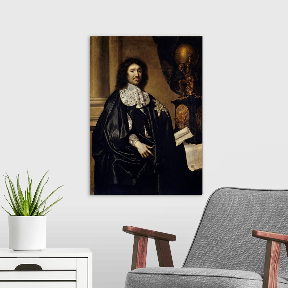 A modern room featuring Portrait of Jean Baptiste (Jean-Baptiste) Colbert (1619-1683), Minister of Louis XIV. Painting by...