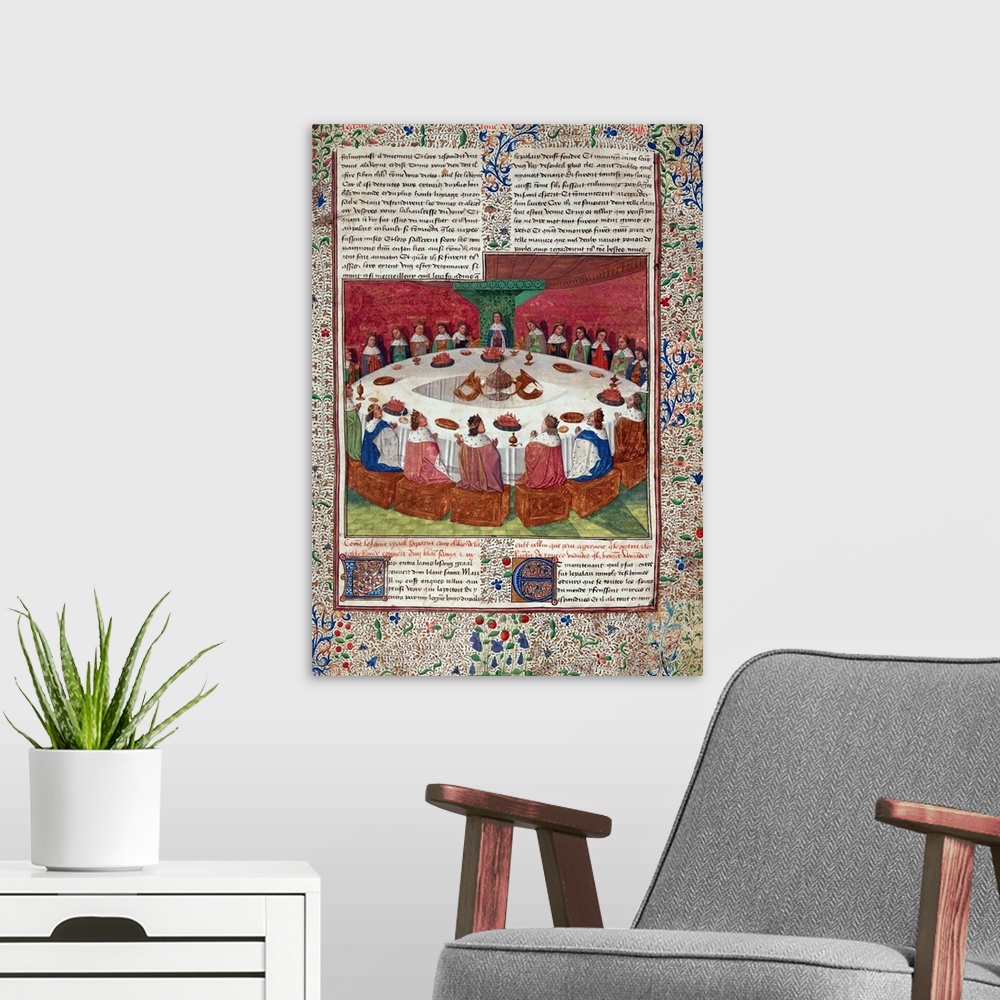 A modern room featuring The Round Table and the Holy Grail, from the 'Livre de Messire Lancelot du Lac', 1470 (originally...
