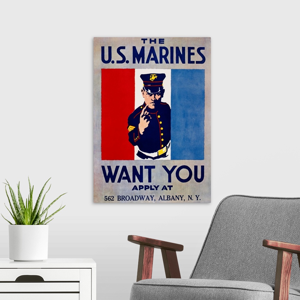 A modern room featuring The U.S. Marines Want You Poster