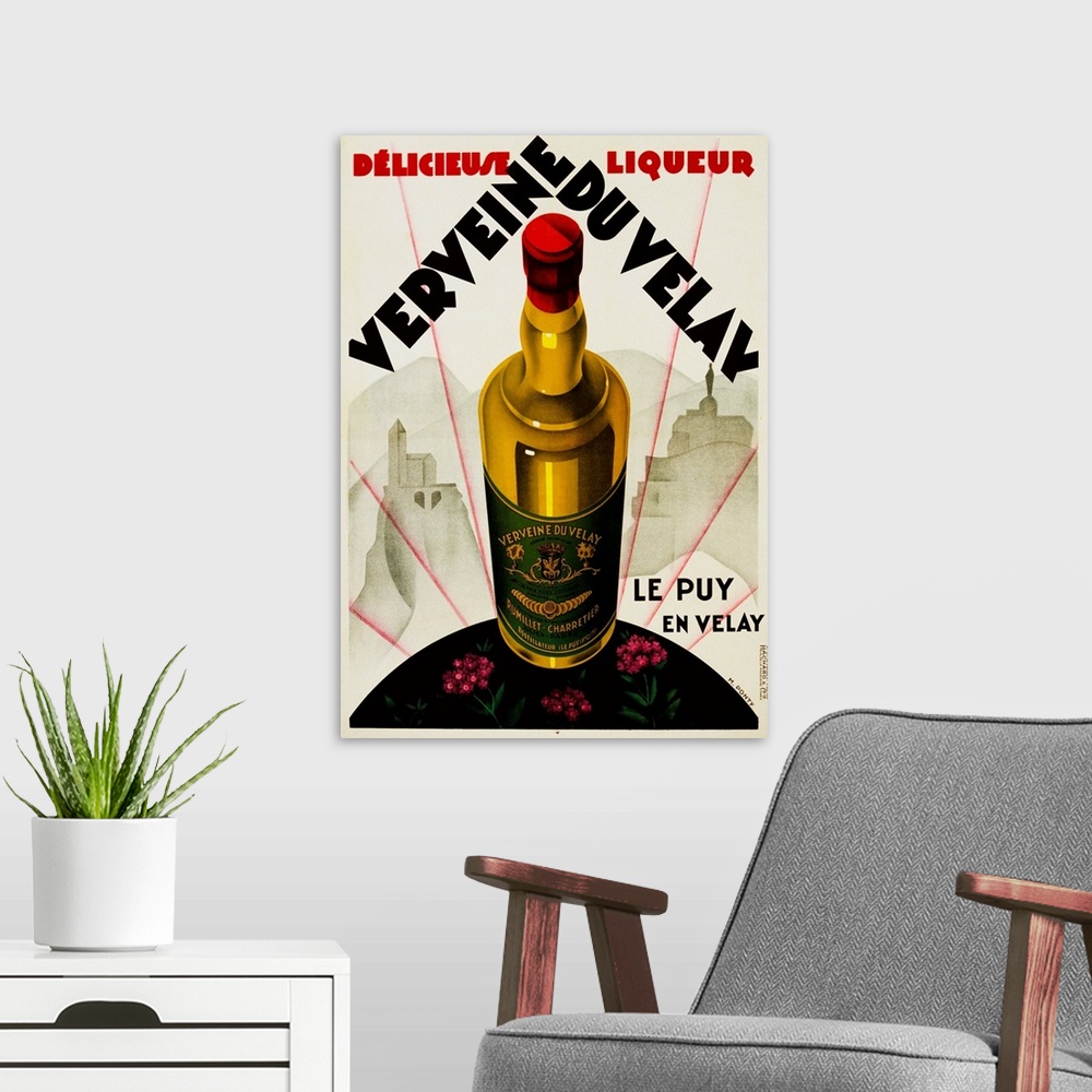 A modern room featuring Verveine Duvelay Liqueur Advertisement Poster By Max Ponty