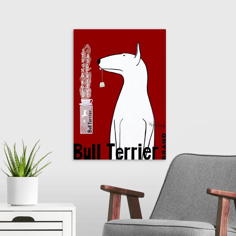 A modern room featuring Wall art of a bull terrier holding a tea bag in his mouth looking at a tea cup full of steaming w...