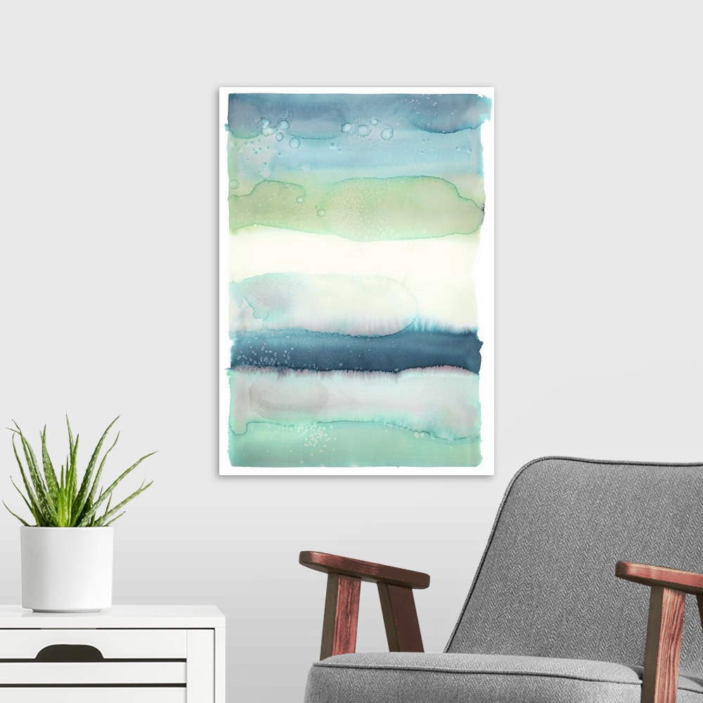 A modern room featuring Blue, green, and white watercolor painting in horizontal layers.