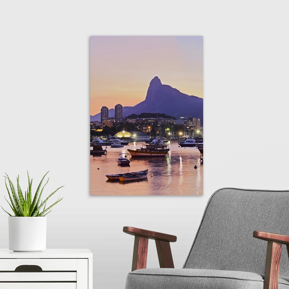 A modern room featuring Brazil, City of Rio de Janeiro, Sunset over Botafogo Bay and Corcovado Mountain viewed from Urca.
