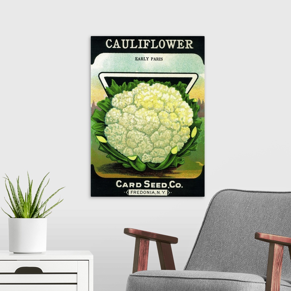 A modern room featuring A vintage label from a seed packet for cauliflower.