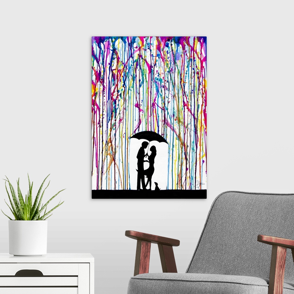 A modern room featuring Watercolor and ink painting of a couple and a dog under an umbrella under colorful rain.