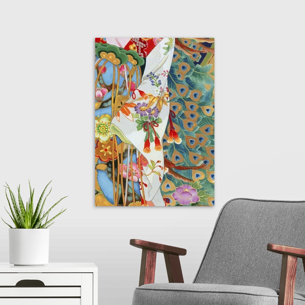 A modern room featuring Contemporary colorful and lavish looking Asian artwork. With different patterns of fabric and pea...