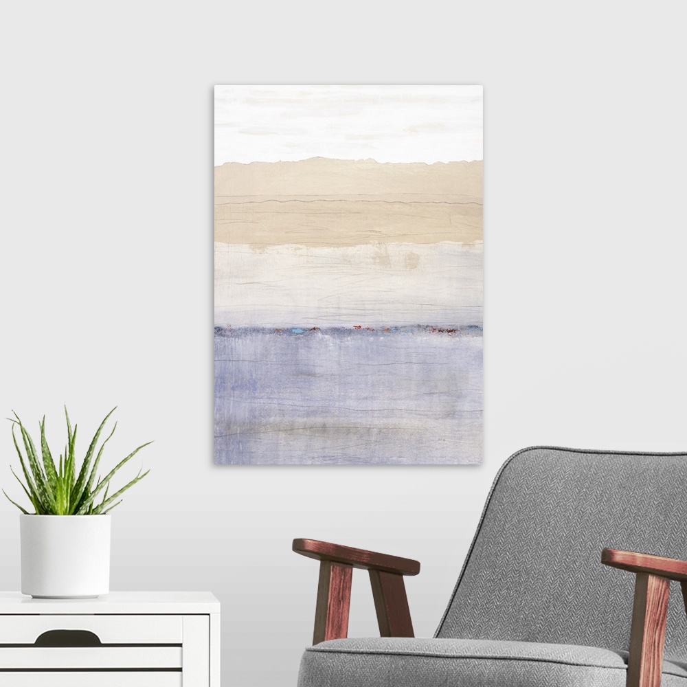 A modern room featuring Soft abstract painting with thick, horizontal sections of color stacked on top of each other star...