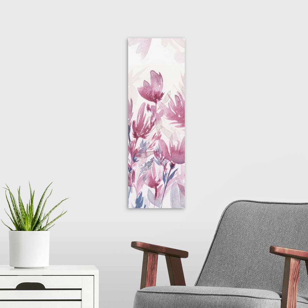 A modern room featuring Skinny panel watercolor painting of abstract flowers in pink and blue tones on a white background.