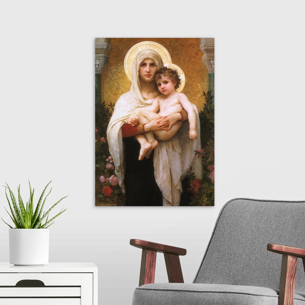 A modern room featuring Madonna of the Roses
