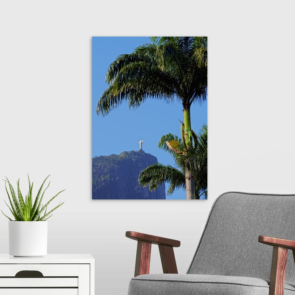 A modern room featuring Corcovado and Christ statue viewed through the palm trees of the Botanical Garden, Zona Sul, Rio ...