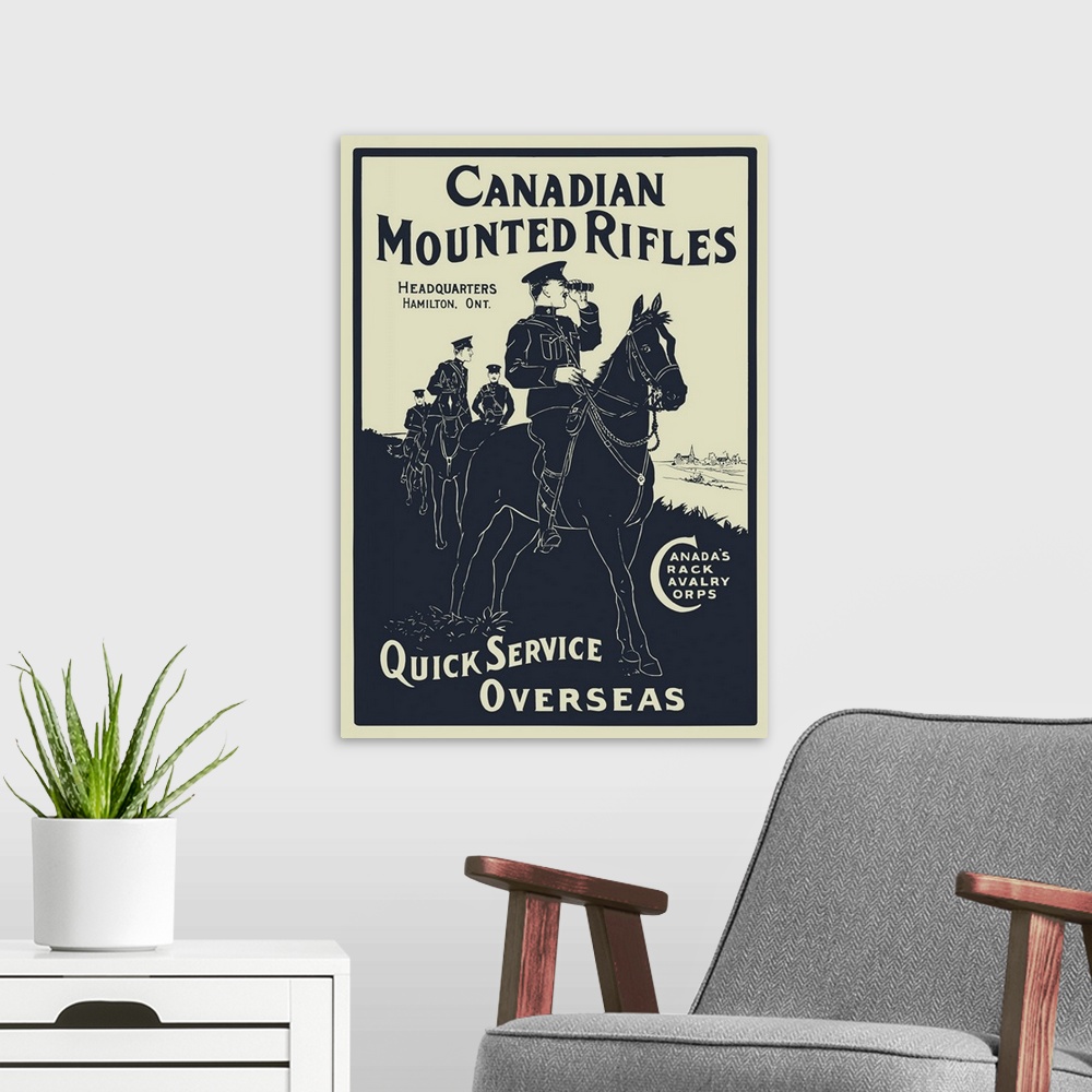 A modern room featuring The Royal Canadian Mounted Police on horses, out on patrol overlooking a village.