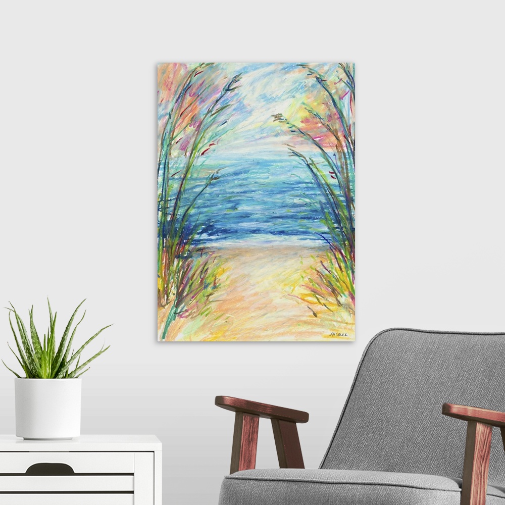 A modern room featuring A bright and vibrant painting of a path made through sea grass that leads straight to the ocean.