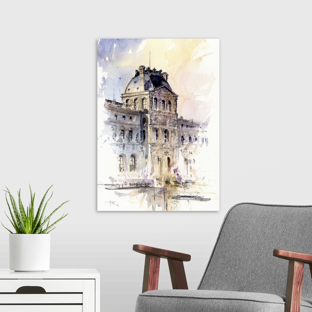 A modern room featuring This contemporary artwork is a quick watercolor sketch of the architectural details of the Lourve...