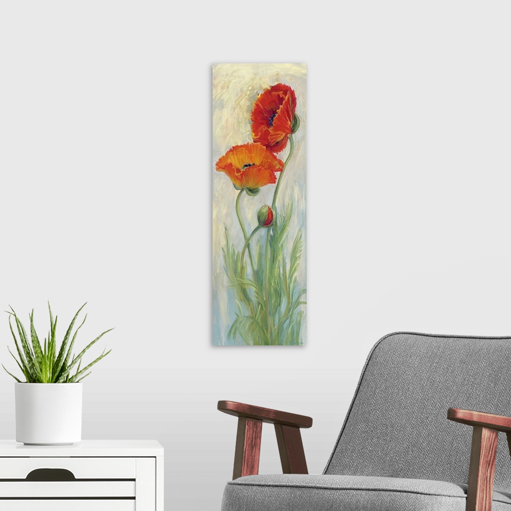 A modern room featuring Vertical contemporary painting by Carol Rowan of long stemmed red poppies on a soft background.
