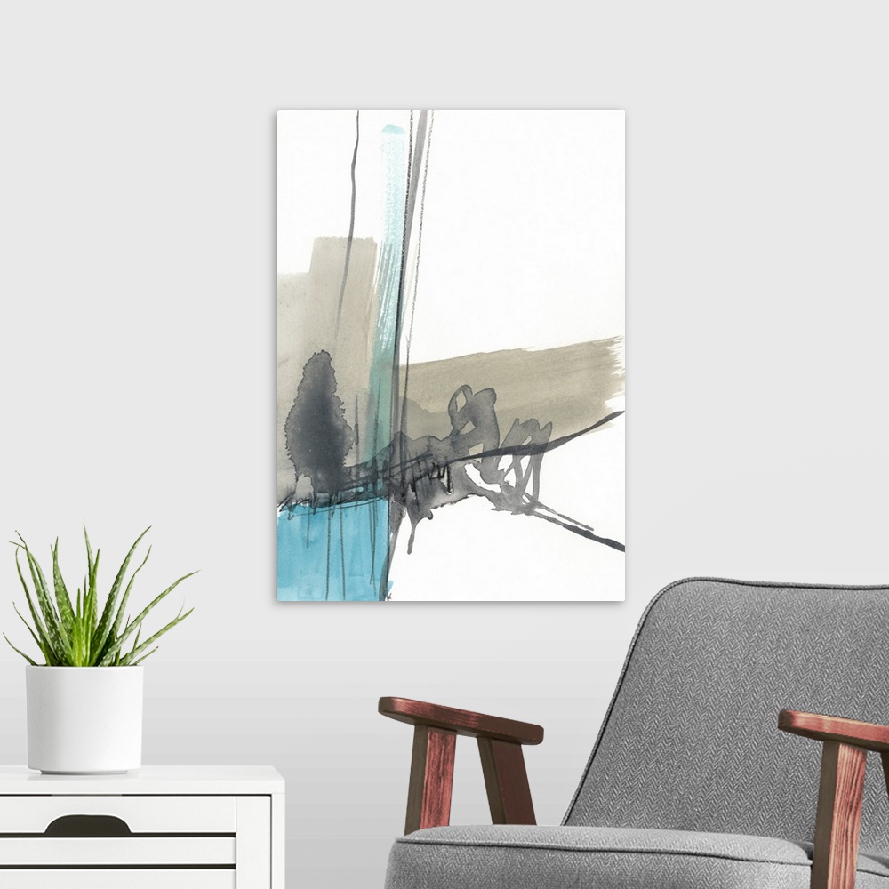 A modern room featuring Vertical abstract painting of free form brush strokes of neutral colors with blue accents.