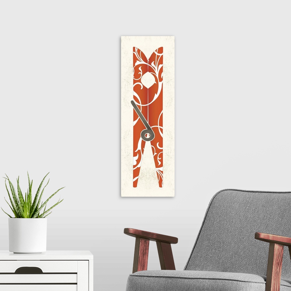 A modern room featuring Contemporary painting of a orange clothespin with a white damask pattern.