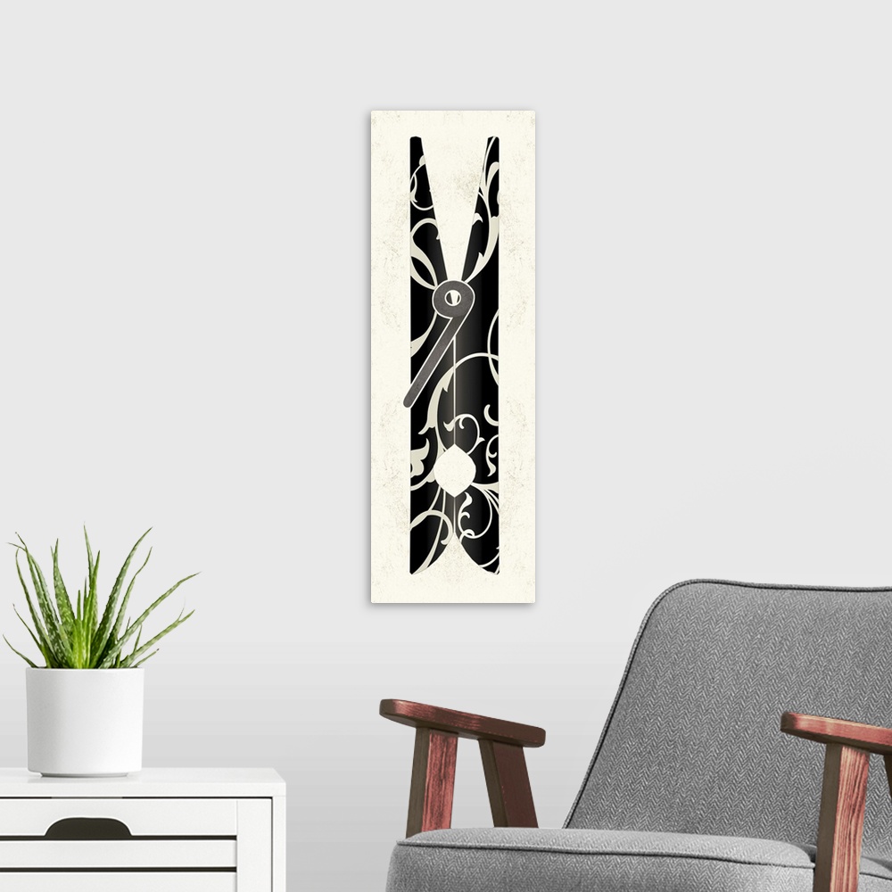 A modern room featuring Contemporary painting of a black clothespin with a white damask pattern.