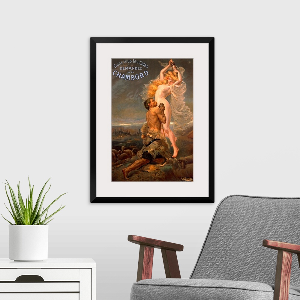 A modern room featuring Giant vintage advertising art showcases a man begging a nude woman for some of the alcoholic beve...