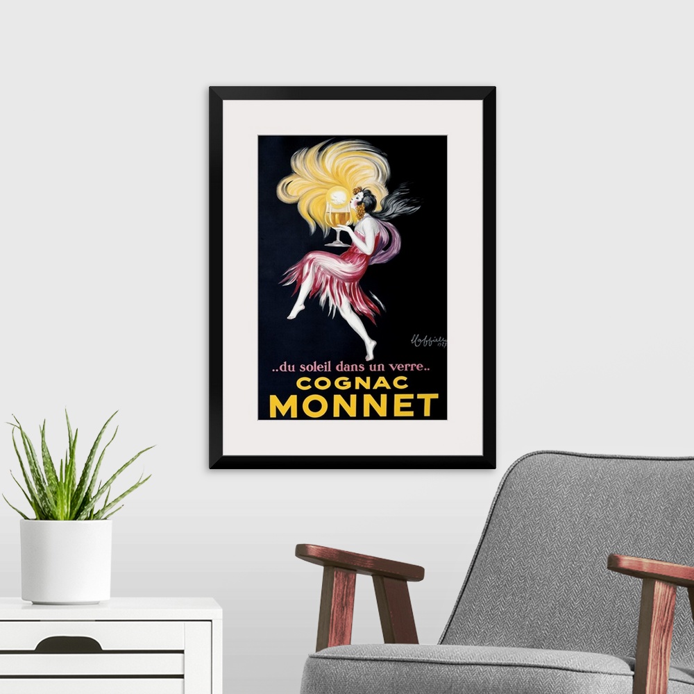 A modern room featuring A flapper holds a large glass of Monnet cognac.  A small sun seems to emerge from the glass