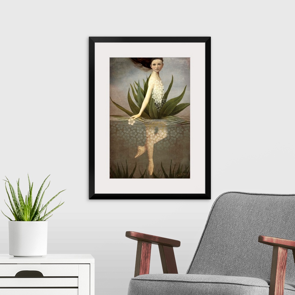 A modern room featuring A digital vertical composite of a female as a water lily.