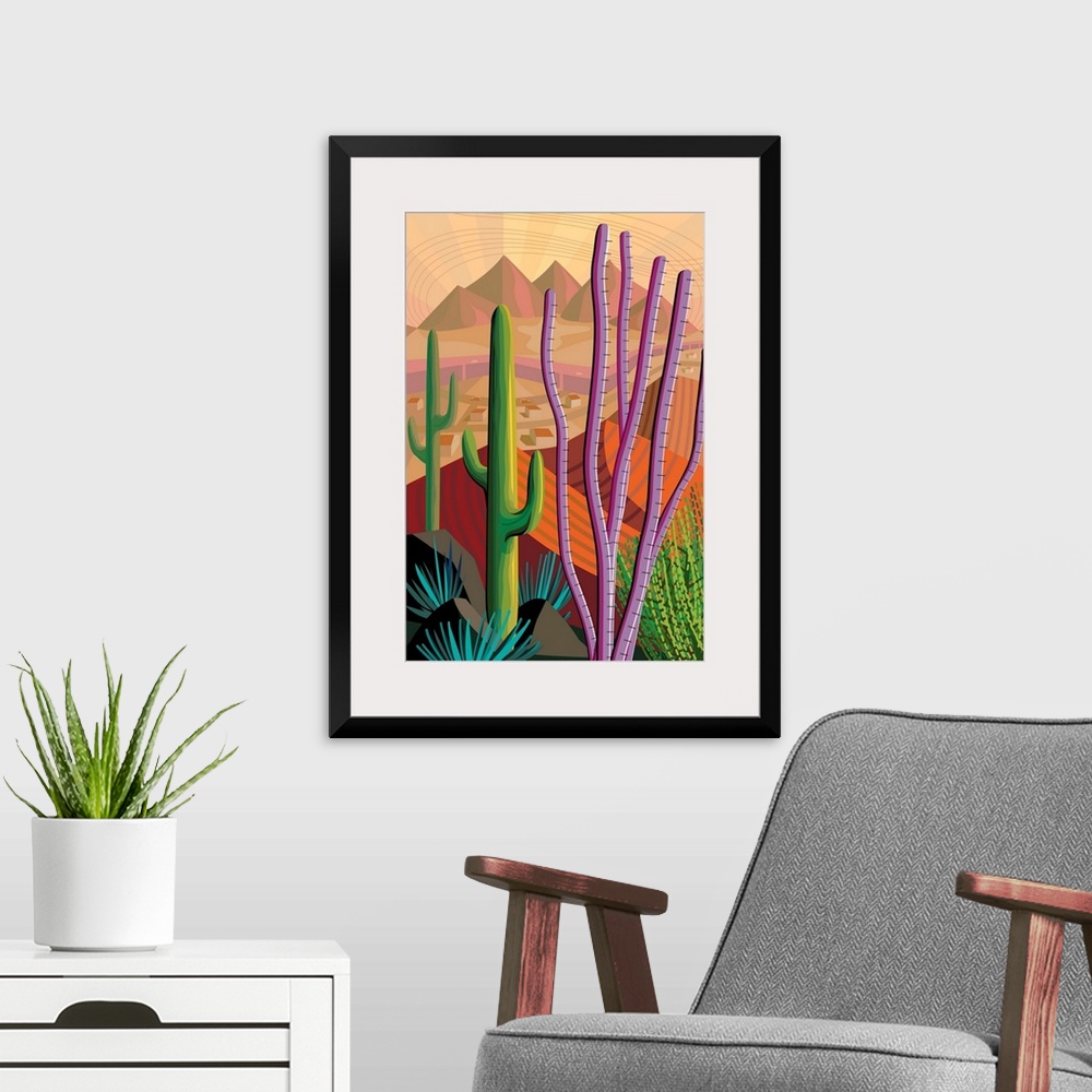 A modern room featuring Vertical digital illustration in vibrant colors of Tucson, Arizona.