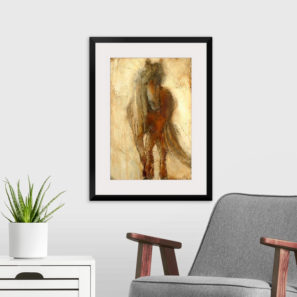 A modern room featuring A large contemporary art piece of a horse that includes a lot of texture and warm tones.