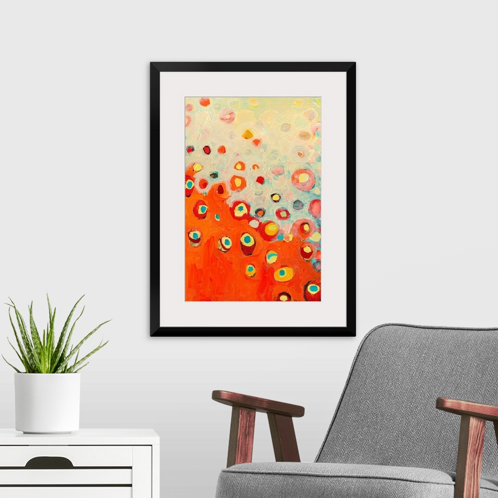 A modern room featuring Vertical abstract painting from the Growing in the Valley series of floral images, with circular ...