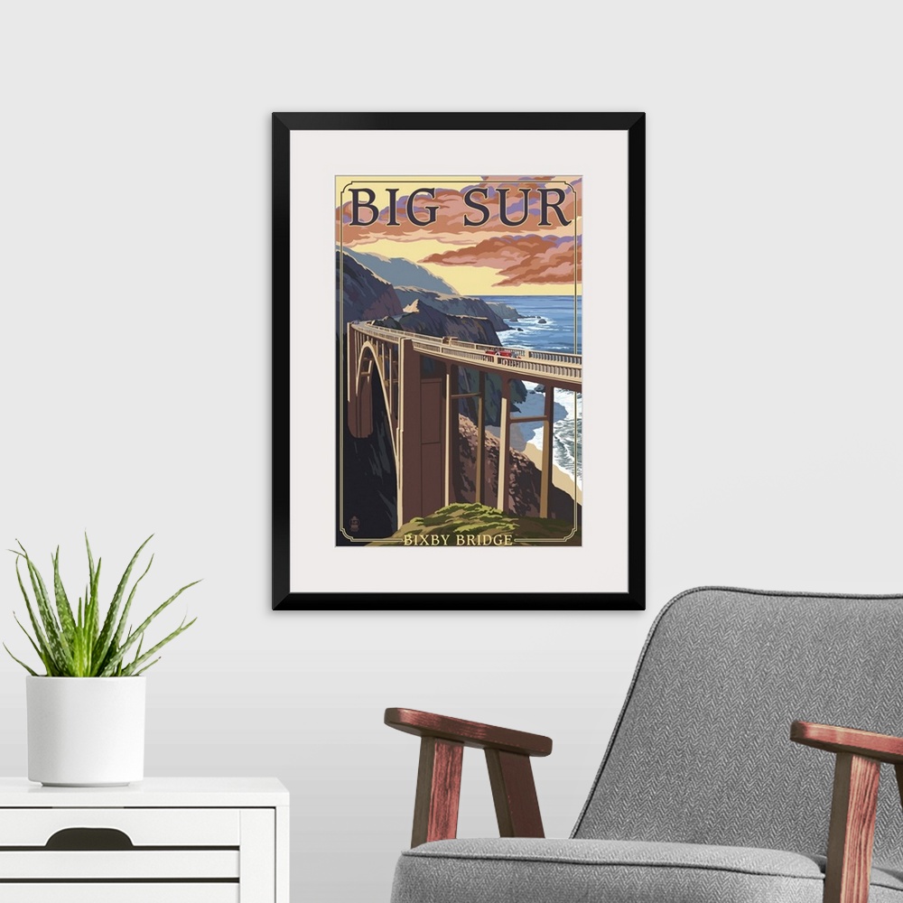 A modern room featuring Bixby Bridge - California Coast: Retro Travel Poster