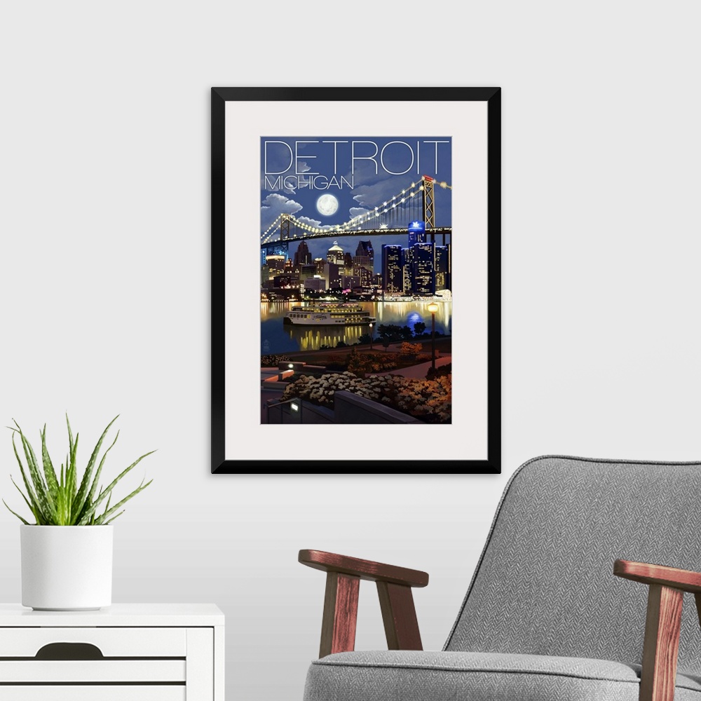 A modern room featuring Detroit, Michigan - Skyline at Night: Retro Travel Poster