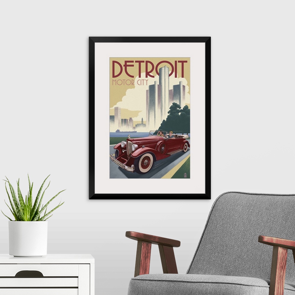 A modern room featuring Detroit, Michigan - Vintage Car and Skyline: Retro Travel Poster