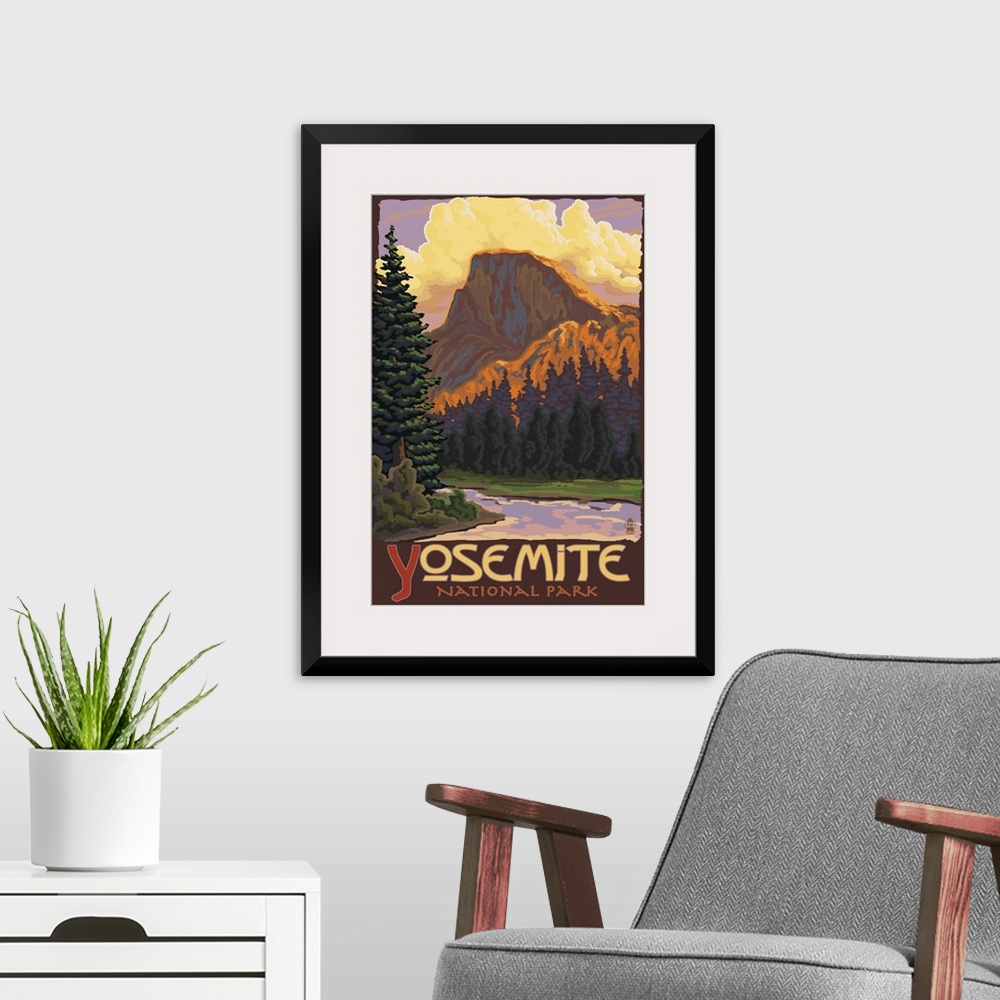 A modern room featuring Half Dome Yosemite: Retro Travel Poster