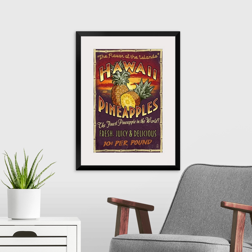 A modern room featuring Hawaiian Pineapple Vintage Sign: Retro Travel Poster