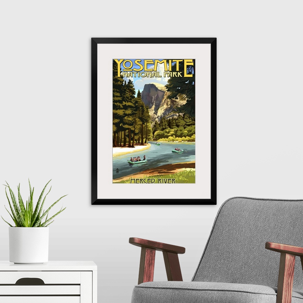 A modern room featuring Merced River Rafting - Yosemite National Park, California: Retro Travel Poster